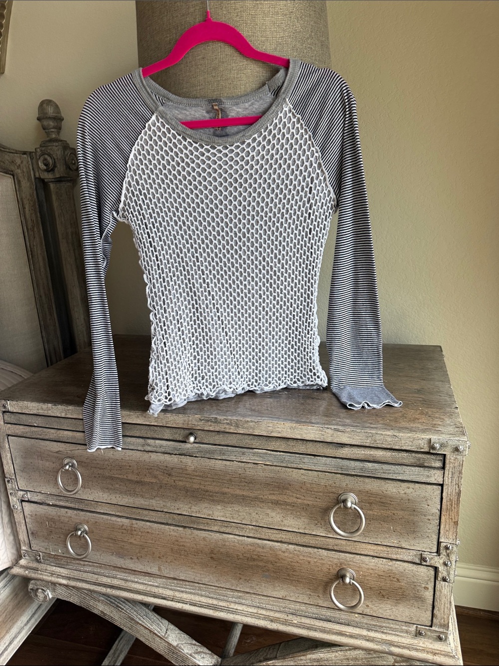 Pete - Women's Grey Striped Raglan Long-Sleeve Knit Top with White Open-Knit